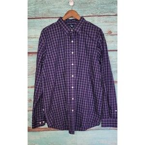 Old Navy Mens Button Up Shirt  Purple Plaid Long Sleeve Pocket Non Iron Size XXL
